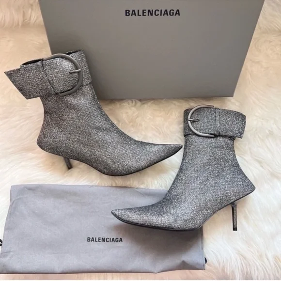 Balenciaga Essex 80mm Metallic Grey Buckle Pointed Toe Ankle Booties - Picture 1 of 16